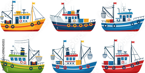 Fishing Boat Vector Set with Colorful Trawler Ships, Maritime Vessels, Nets and Equipment for Seafood Industry, Ocean Transport and Nautical Illustration Design
