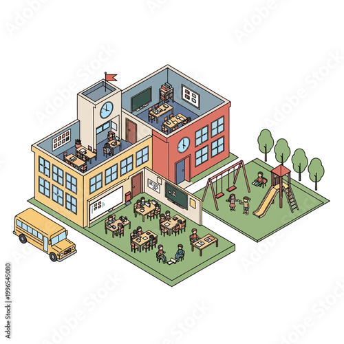 School Building With Playground And Bus.