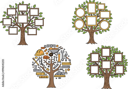 Family Tree Templates Collection with Photo Frames, Genealogy Diagrams, and Decorative Tree Designs for Ancestry, Heritage Projects, and Scrapbook Illustration