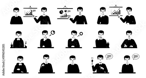 Big Businessman Character Set in Green Shirt with Office Work Poses Planning Thinking and Data Analysis Vector