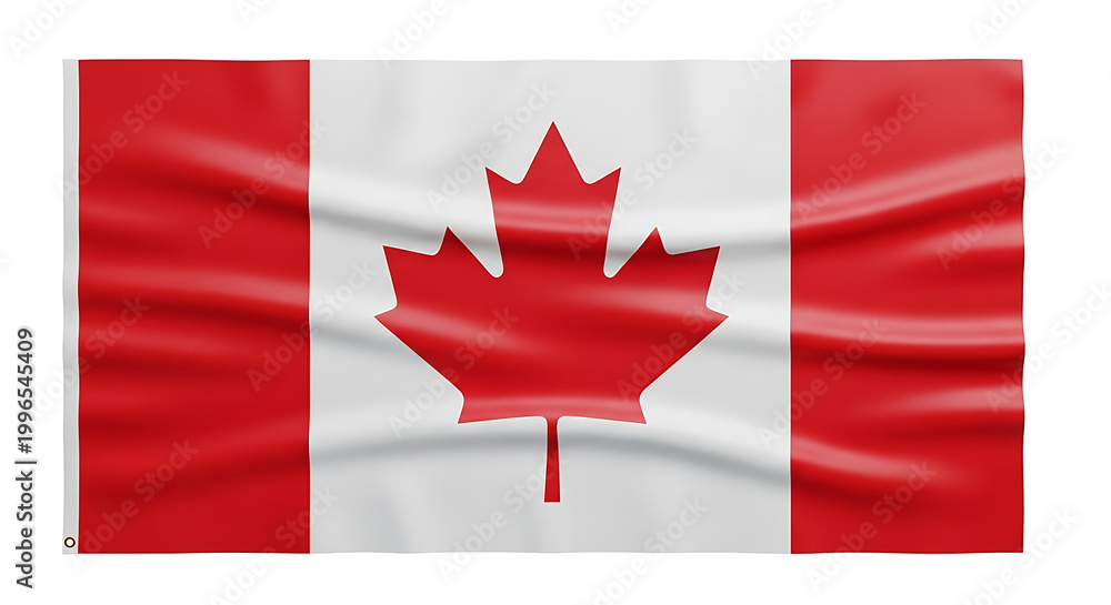 Obraz premium Waving Canadian Flag with Red Maple Leaf on White Background, National Symbol