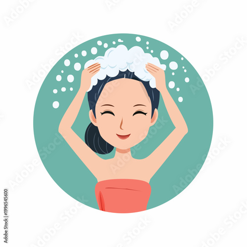 Woman Washing Hair with Shampoo and Bubbles