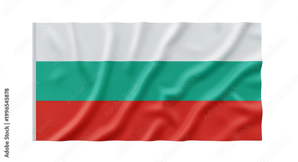Obraz premium Waving Bulgarian National Flag with White, Green, and Red Horizontal Stripes on White Background