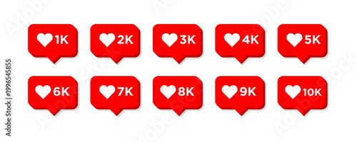 Collection of red social media notification icons with heart symbols and numbers representing engagement metrics like 1K, 2K, up to 10K likes