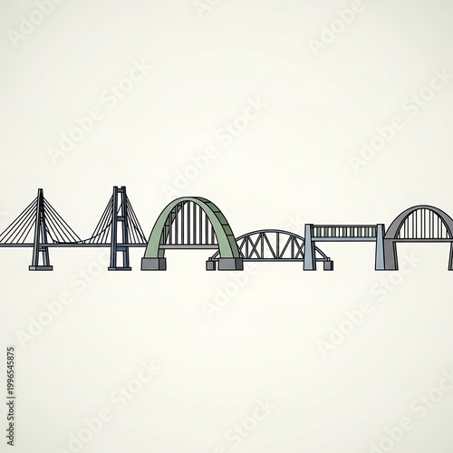 Illustration showcases a collection of diverse bridge designs against a plain backdrop, varying shapes and structures