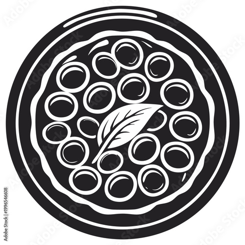 Black and white illustration of pizza with olives and basil leaf.