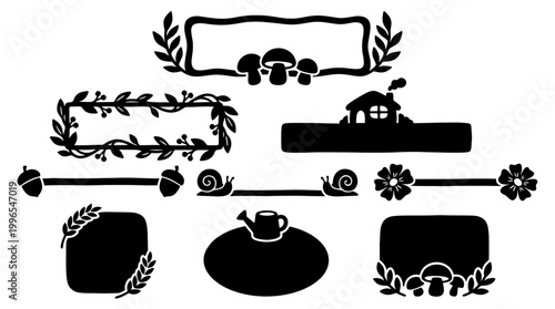Black woodland silhouette frames, borders, and text dividers vector pack. Features rustic nature elements like mushrooms, cottage, vines and snails