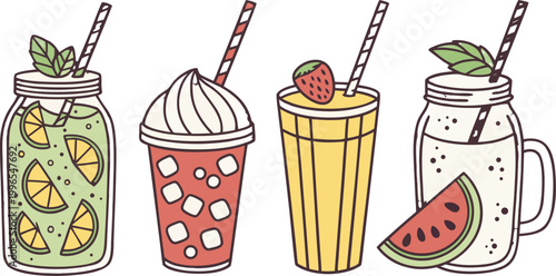 A colorful vector set of food and drink items including cupcakes cakes milkshakes and desserts in a cute cartoon style