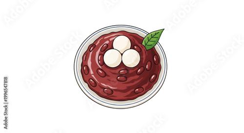 Bowl of Traditional Red Bean Soup with Mochi Rice Balls and Green Leaf Garnish, Asian Sweet Dessert Illustration isolated on White Background