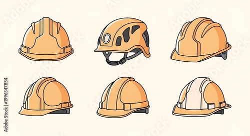Illustration showcases a collection of diverse safety helmets, each with unique features and designs, suitable for various industrial applications