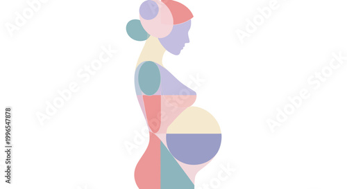 Abstract geometric illustration of a pregnant woman's body, showcasing the journey of pregnancy and motherhood with modern, colorful shapes