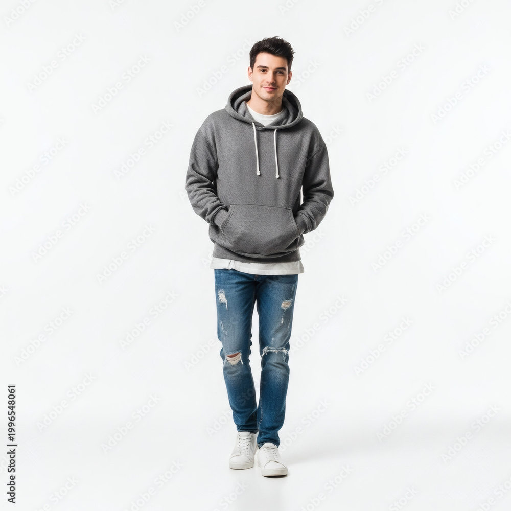 Fototapeta premium A young man wearing a gray hoodie and ripped jeans standing confidently