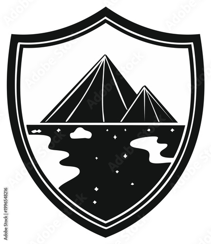 Shield Icon Emblem Featuring Pyramids in Desert Landscape Silhouette Design