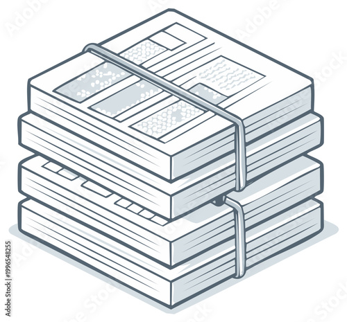Line art stack of periodicals or newspapers tied with a band symbol for media communication