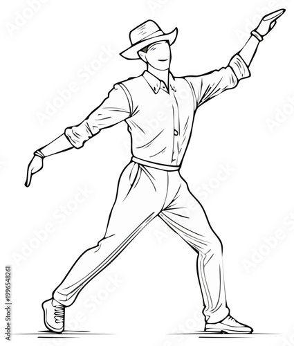 Illustration of a faceless man in a hat striking a dynamic pose with outstretched arms and legs