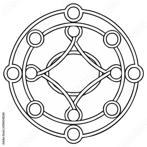 Intricate geometric circular design with interconnected shapes, black and white