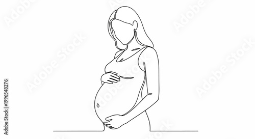 Minimalist line art illustration of a pregnant woman holding her belly, symbolizing maternity and new life
