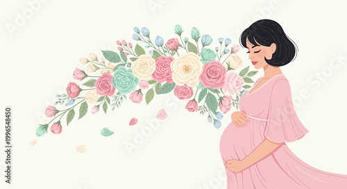 Graceful expectant mother in a flowing pink dress, lovingly cradling her baby bump amidst a lush cascade of blossoming flowers, celebrating the joy of pregnancy