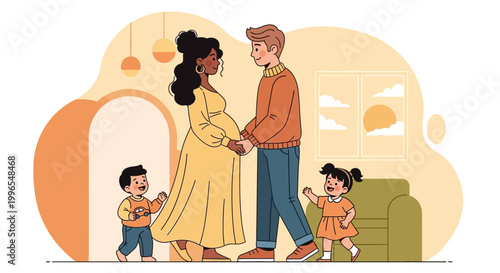 Happy Diverse Family Embracing Parenthood and Expectation in a Cozy Home Setting, Celebrating Love and Future Together