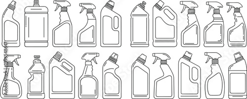 Cleaning Product Bottle Outline Set Featuring Spray Detergent and Liquid Container Line Icons for Packaging Design and Household Product Illustration