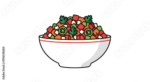 Fresh Mexican Pico de Gallo Salsa in a White Bowl with Diced Tomatoes and Cilantro, Flat Vector Illustration Isolated on White Background