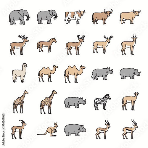 Collection of diverse cartoon animals including elephants, cows, camels, giraffes, rhinos, zebras, and kangaroos.