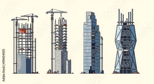 Illustration showcases a construction evolution of four modern skyscrapers, from initial framework to nearing completion, with cranes visible