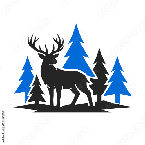 A minimalist graphic of a majestic stag standing among geometric pine trees