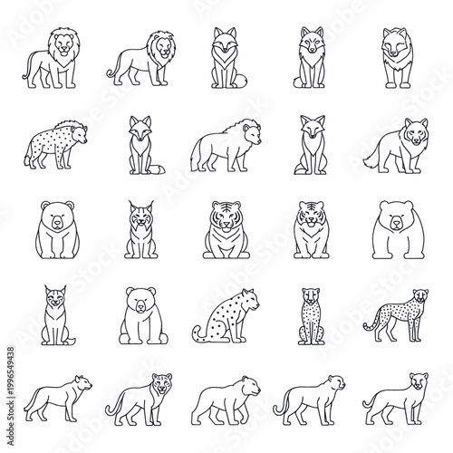 Collection of stylized line art icons representing various wild animals found in nature.