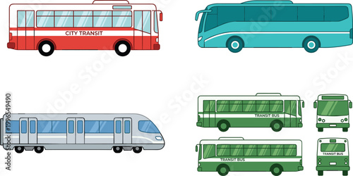 Public Transport Vehicle Set Featuring City Transit Buses Coach and Modern Passenger Train Illustration for Urban Mobility and Transportation Design Concept
