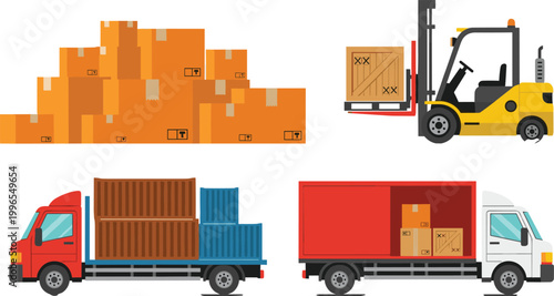 Warehouse Logistics and Cargo Transport Illustration Featuring Forklift Stacked Boxes Shipping Containers and Delivery Trucks for Distribution and Supply Chain Concept