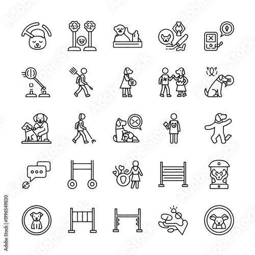 Collection of line icons representing dog training and obedience activities, including agility equipment and commands.