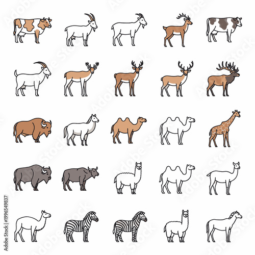 Collection of diverse farm and wild animals depicted in a simple, clean line art style.