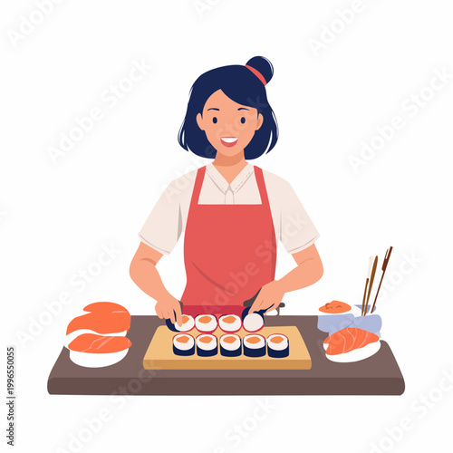 Woman making sushi rolls