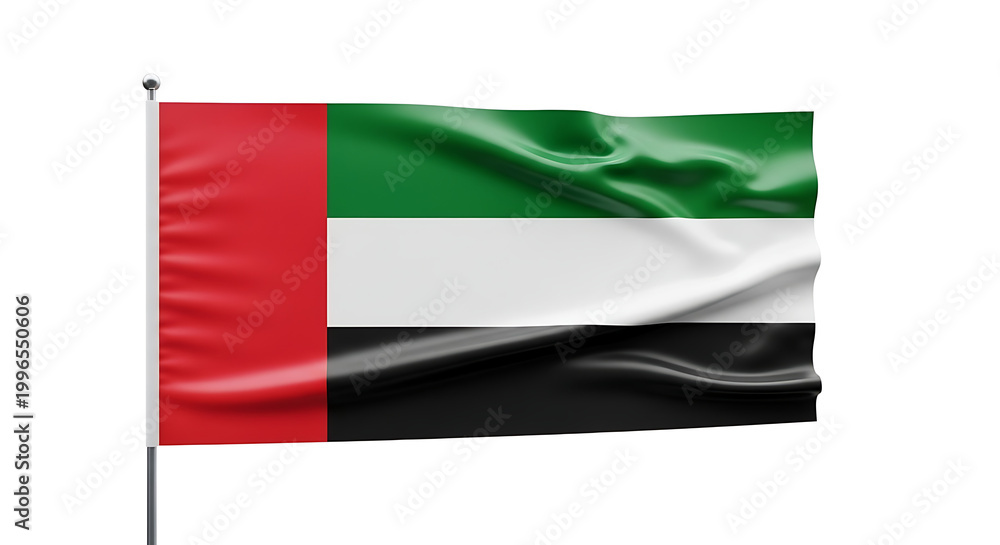 Obraz premium United Arab Emirates flag waving on flagpole against white background, patriotic symbol