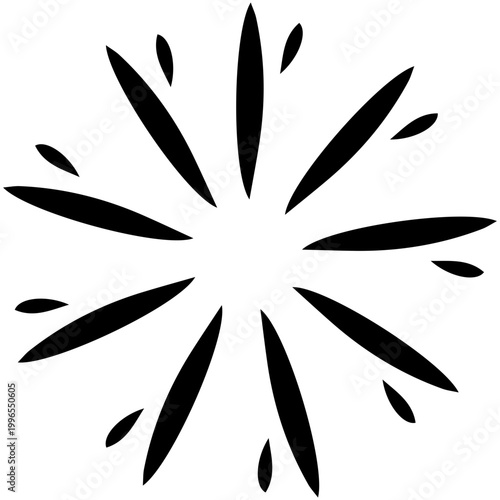 Dynamic firework spark silhouette with multiple irregular rays bursting from the center perfect for festive celebrations and energetic graphic design projects.