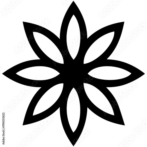 Simple black floral bloom silhouette featuring eight smooth oval petals arranged in perfect symmetry for botanical logos and natural decorative elements.