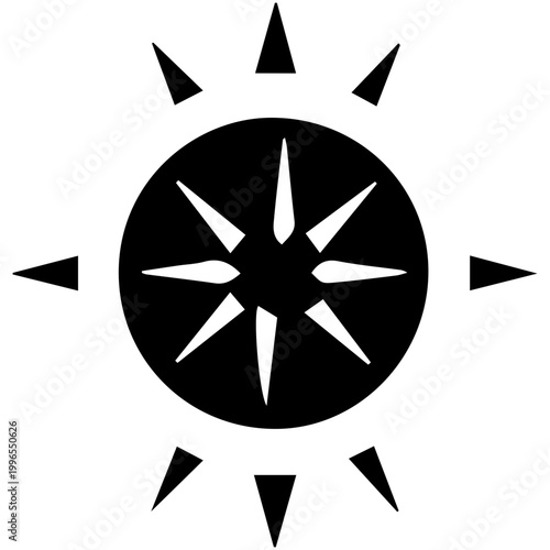 Abstract geometric solar icon featuring a central sun symbol with decorative outer rays and dots designed for modern minimalist branding identity.