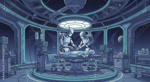 Illustration showcases a futuristic operating room in space. Robots perform surgery on a patient, with monitors and celestial views