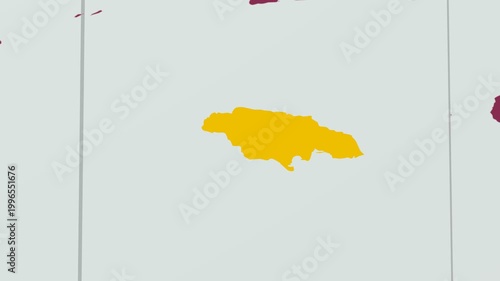 Jamaica map. Animated zoom into the country on the Globe in Pale Mint Dark Pink color palette. Country logo animation with round text and airplanes. Map with meridians, parallels. Neat video.