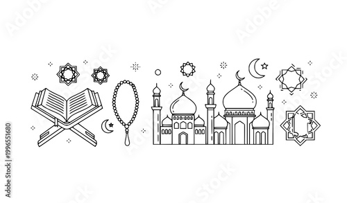 Minimal Islamic outline icons with Quran on stand mosque silhouette and prayer beads vector set