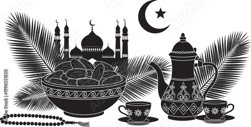 Ramadan Kareem celebration with dates bowl mosque silhouette coffee pot palm leaves and prayer beads for Islamic holiday greeting cad drawing flat vector illustration