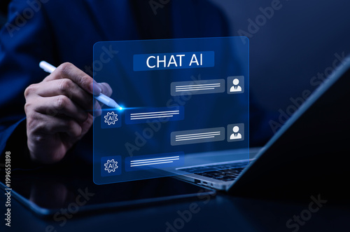 Close up of business hand using stylus on laptop with chat AI interface, chatbot communication, digital assistant, automation technology, data interaction, customer support concept