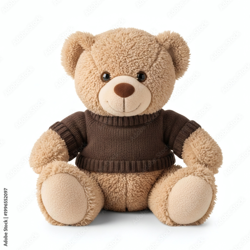 Obraz premium A cute teddy bear wearing a brown sweater on a white background