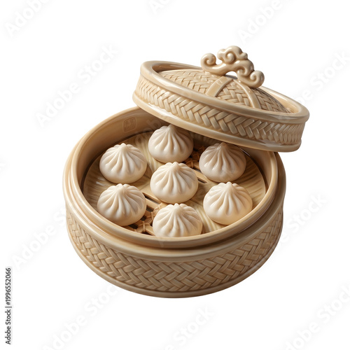 Xiao Long Bao Soup Dumplings in Bamboo Steamer 3D Illustration Isolated on Transparent Background PNG