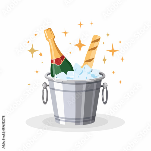 Champagne Bottle and Ice Bucket with Sparkling Stars