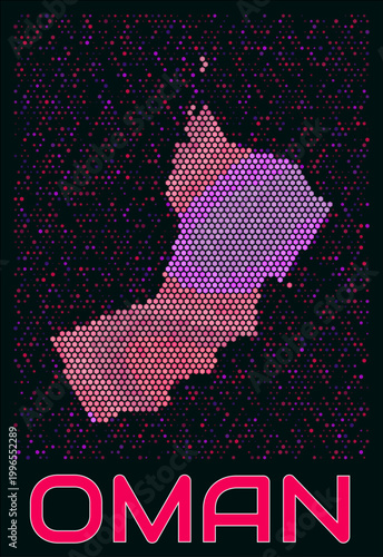 Oman digital style hexagon map. Vibrant magenta purple pink neon dotted shape. Country tiny bright hexagon cells. Oman honeycomb map design. Elegant Vector Illustration.