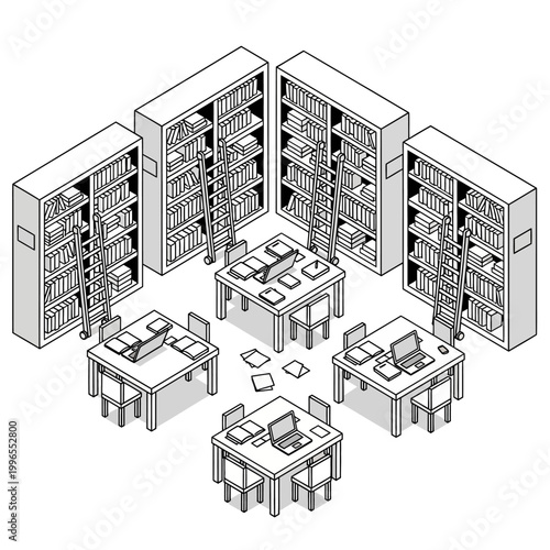 Library Shelves with Study Tables Inside.