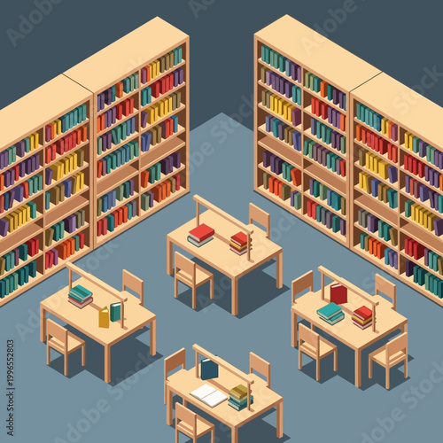 Study tables with books and chairs.