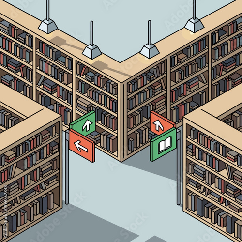 Directional signs on library shelves.
